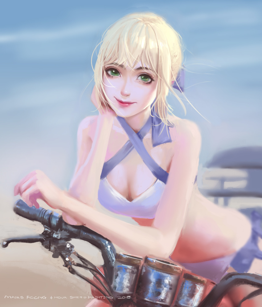 artist_name artoria_pendragon_(all) artoria_pendragon_(swimsuit_archer) bangs bicycle bikini blonde_hair blue_bow bow breasts cleavage closed_mouth commentary dated english_commentary fate/grand_order fate_(series) green_eyes ground_vehicle hair_bow highres lipstick looking_at_viewer makeup mars_foong medium_breasts pink_lipstick short_hair smile solo speedpaint swimsuit white_bikini