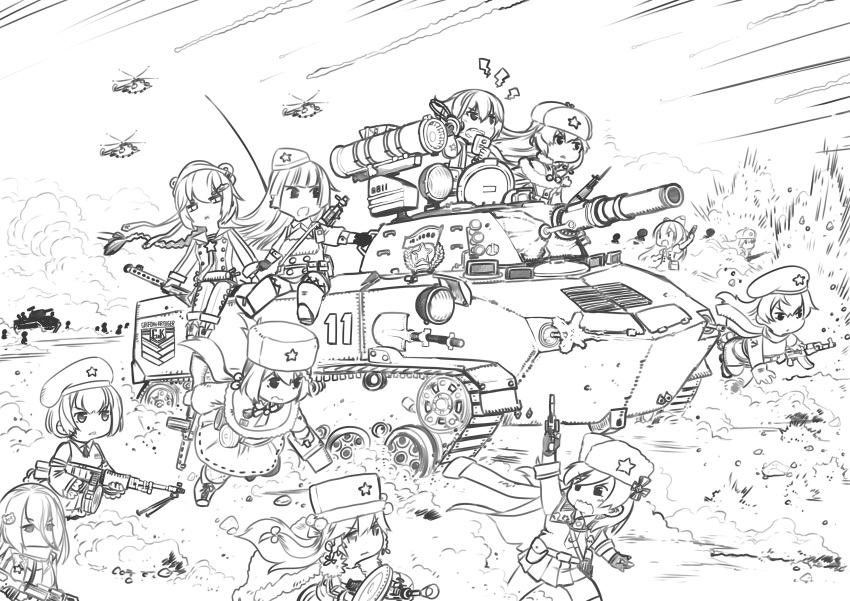 aircraft ak47_(girls_frontline) armored_vehicle battle charging_(attack) chibi commentary_request dp28_(girls_frontline) explosion girls_frontline graphite_(medium) ground_vehicle gun helicopter highres makarov_(girls_frontline) mosin-nagant_(girls_frontline) motion_lines multiple_girls nagant_revolver_(girls_frontline) pk_(girls_frontline) pps-43_(girls_frontline) ppsh-41_(girls_frontline) rpd_(girls_frontline) running scarf sks_(girls_frontline) smoke tokarev_(girls_frontline) traditional_media weapon z.s.w.