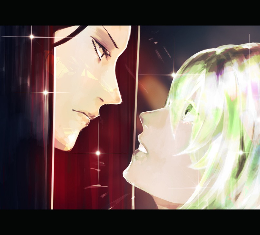 2others absurdres androgynous black_eyes black_hair bort colored_eyelashes crystal_hair diamond_(houseki_no_kuni) face-to-face highres houseki_no_kuni letterboxed long_hair looking_at_another multicolored multicolored_eyes multicolored_hair multiple_others rainbow_eyes rainbow_hair rin_(suzukasuteradx) short_hair