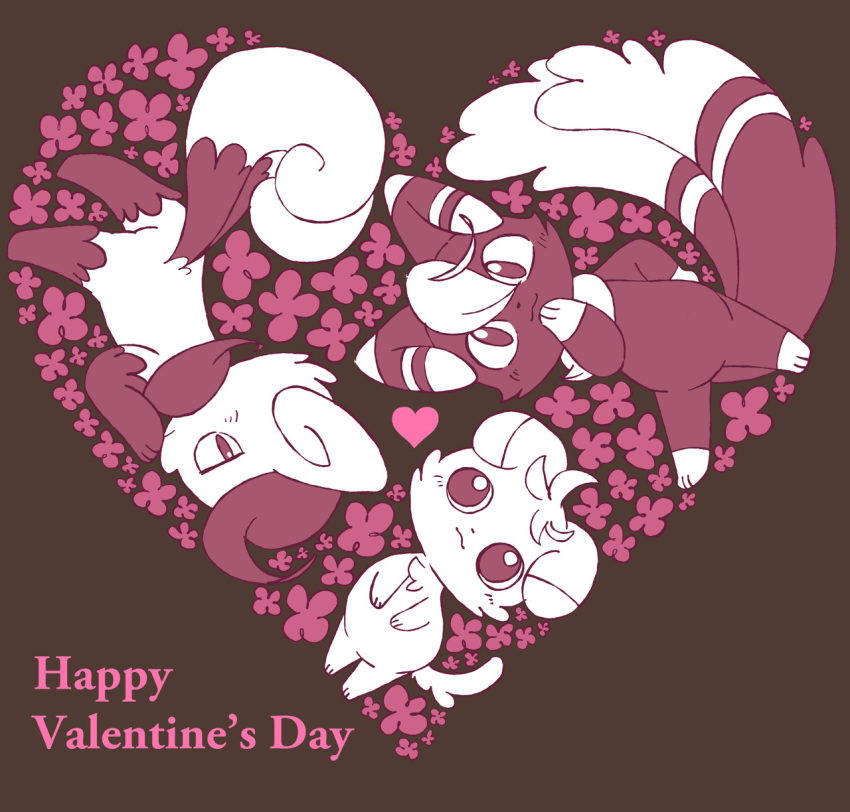 &lt;3 2018 :3 ambiguous_gender anthro blush brown_background cheek_tuft cute digital_media_(artwork) dipstick_ears dipstick_tail espurr feline flower fluffy fluffy_tail frown fur gloves_(marking) group hair hand_on_face head_tuft holidays japanese_meowstic looking_at_viewer lying mammal markings meowstic multi_tail multicolored_tail neck_tuft nintendo nude paws pink_eyes pink_fur pink_hair plant pok&eacute;mon pok&eacute;mon_(species) semi-anthro simple_background smile socks_(marking) spread_legs spreading striped_tail stripes text tuft valentine's_day video_games white_fur white_hair young