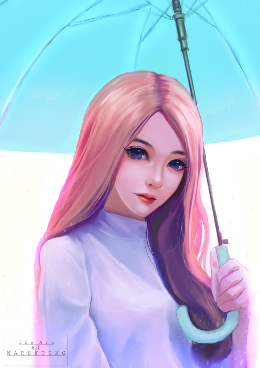 1girl absurdres artist_name brown_hair commentary english_commentary highres holding holding_umbrella light_smile lips long_hair long_sleeves looking_at_viewer mars_foong no_bangs nose purple_eyes red_lips shirt simple_background solo umbrella watermark white_background white_shirt