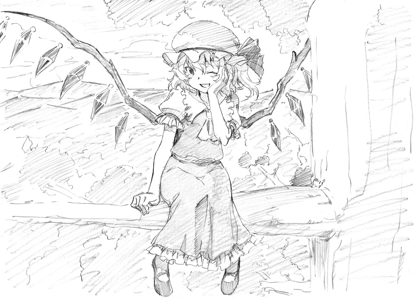 :d absurdres ascot blush commentary_request flandre_scarlet graphite_(medium) greyscale hand_on_own_cheek hand_up hat highres looking_at_viewer mob_cap monochrome one_eye_closed open_mouth outdoors pink_x puffy_short_sleeves puffy_sleeves scan shoes short_sleeves sitting skirt smile solo touhou traditional_media tree vest wings