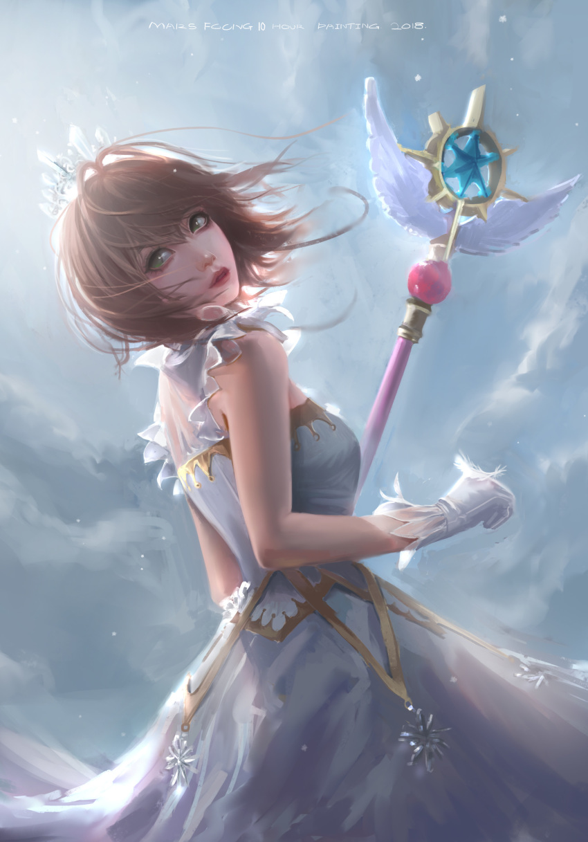 absurdres bangs breasts brown_hair cardcaptor_sakura cloud cloudy_sky commentary crown dated day dress english english_commentary feathers from_side gloves gold_trim green_eyes hair_between_eyes highres holding holding_wand kinomoto_sakura lips mars_foong medium_breasts no_pupils outdoors parted_lips realistic short_hair sky sleeveless sleeveless_dress solo sunlight wand white_dress white_gloves wind wind_lift yume_no_tsue