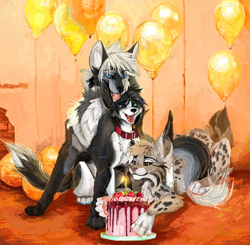 birthday_cake birthday_gift birthday_party cake canine chelsea_chamberlain cute dog feline female feral fluffy food jeffusherb karelian_bear karelian_bear_dog licking lynx male mammal nightdancer_(character) paws tongue tongue_out usb_necklace wolf zaire_(nightdancer)