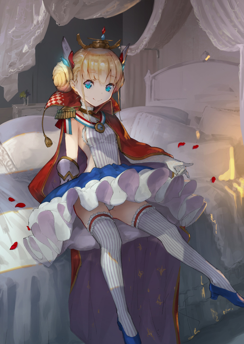 asarokuji azur_lane bed bedroom blonde_hair blue_eyes breasts cape commentary epaulettes furniture hair_bun hair_ornament highres le_triomphant_(azur_lane) looking_at_viewer petals rose_petals shoes sitting skirt skirt_lift small_breasts smile solo striped striped_legwear thighhighs vertical-striped_legwear vertical_stripes