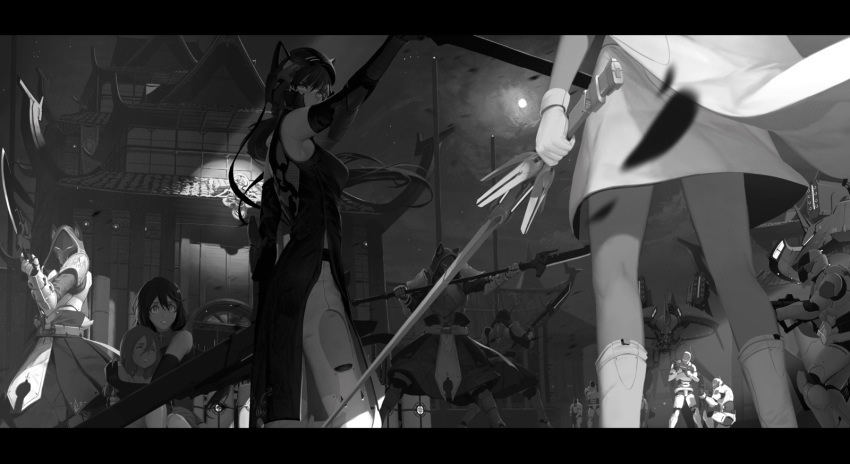 aiming ambiguous_gender animal_ears armor armpits bare_shoulders blake_belladonna blurry building cat_ears cleaver cloud commentary curly_hair detached_sleeves dishwasher1910 ears_through_headwear english_commentary fighting_stance full_armor gambol_shroud greyscale gun handgun highres holding holding_sword holding_weapon hug katana kneehighs leaf left-handed letterboxed long_hair mask mecha monochrome moon multiple_girls myrtenaster night outdoors pelvic_curtain penny_polendina pistol polearm robot ruby_rose rwby short_hair side_slit spear standing sword weapon weiss_schnee