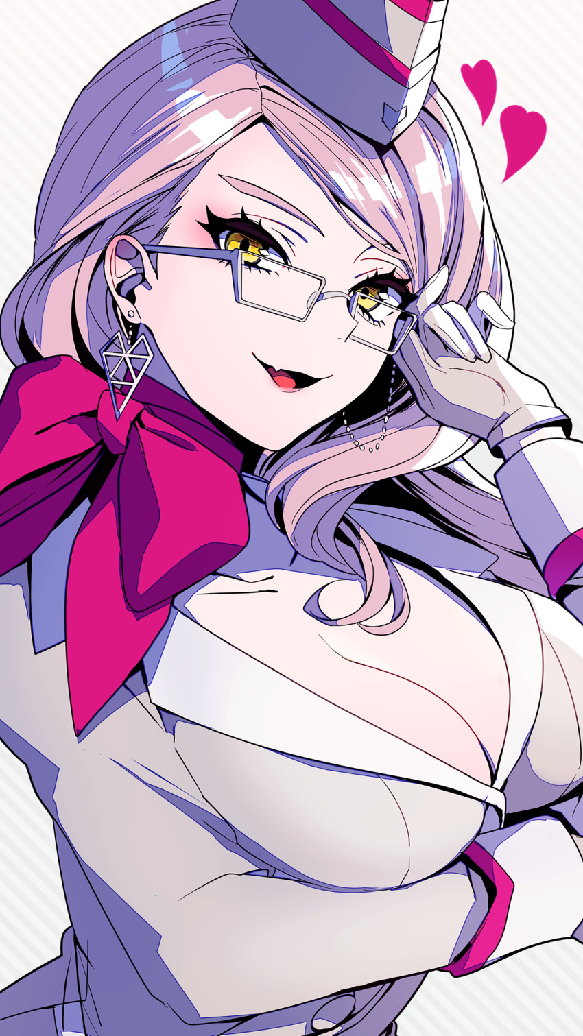 adjusting_eyewear arm_under_breasts breasts business_suit choker cleavage collarbone commentary_request earrings fang fate/grand_order fate_(series) formal glasses gloves hand_on_eyewear hat heart highres holding jewelry koyanskaya large_breasts long_hair looking_at_viewer neko-san_(dim.dream) open_mouth pink_hair ribbon ribbon_choker smile solo suit white_gloves yellow_eyes