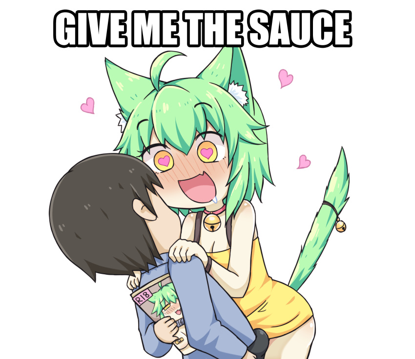 1girl :d ahoge animal_ear_fluff bandaid bandaids_on_nipples bangs bare_arms bare_shoulders bell bell_collar blue_shirt breasts bulge cleavage collar dress drooling english eyebrows_visible_through_hair fang green_hair greenteaneko greenteaneko-chan hands_on_another's_shoulders heart heart-shaped_pupils hiding highres holding impact_(font) jingle_bell long_sleeves meme open_mouth original pasties pornography shirt short_dress short_hair simple_background smile symbol-shaped_pupils tail tail_bell tail_raised white_background wristband yellow_dress yellow_eyes