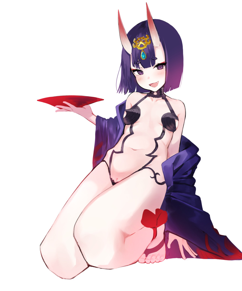 :d aak absurdres areola_slip areolae bangs bare_shoulders bow breasts collarbone cup eyebrows_visible_through_hair fang fate/grand_order fate_(series) full_body hand_up headpiece highres holding horns japanese_clothes kimono kneeling long_sleeves navel off_shoulder oni oni_horns open_mouth purple_eyes purple_hair purple_kimono pussy_peek red_bow revealing_clothes sakazuki shuten_douji_(fate/grand_order) sleeves_past_wrists small_breasts smile solo thick_eyebrows toenails wide_sleeves
