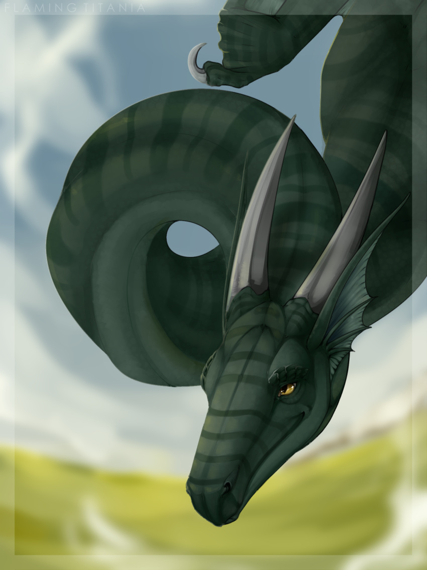 2018 bust_portrait claws cloud curved_horn day digital_media_(artwork) dragon ear_frills feral flamingtitania flying frill green_scales green_skin green_stripes hi_res hondra horn long_neck membranous_wings outside portrait prehensile_neck scales scalie sky smile smooth_horn solo stripes transparent_border watermark western_dragon white_claws white_horn wings yellow_eyes