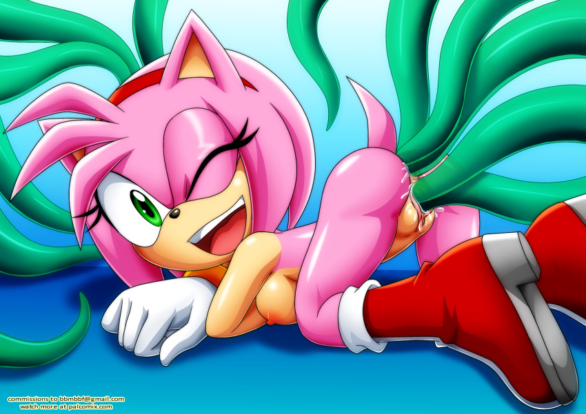 1girl all_fours amy_rose anal anal_insertion areolae ass ass_up bbmbbf boots bracelet breasts consensual_tentacles double_vaginal erect_nipples eyelashes furry gloves green_eyes hairband happy_sex hedgehog highres jewelry looking_at_viewer multiple_insertions nude one_eye_closed open_mouth pussy_juice smile sonic_the_hedgehog tentacle tentacles triple_anal vaginal vaginal_insertion