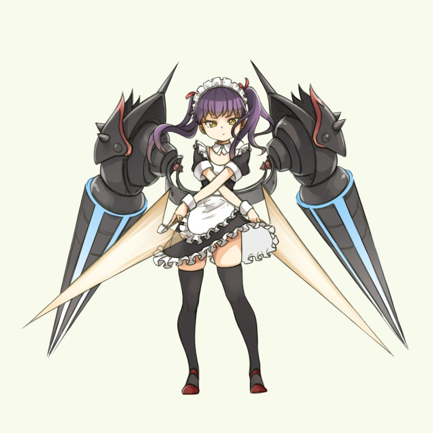black_legwear crossed_arms detached_collar dual_wielding flat_chest full_body highres holding long_hair maid maid_headdress mary_janes mecha_musume mechanical_wings original pas_(paxiti) purple_hair red_footwear shoes solo sword thighhighs twintails weapon wings wrist_cuffs yellow_eyes zettai_ryouiki