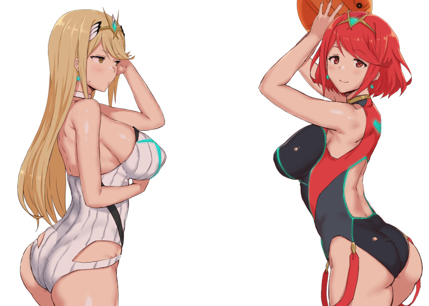 arms_up ass ball bare_shoulders beachball blonde_hair blush breasts earrings eyebrows_visible_through_hair gem go-m hair_ornament highres hikari_(xenoblade_2) homura_(xenoblade_2) jewelry large_breasts long_hair looking_at_viewer looking_back multiple_girls navel one-piece_swimsuit red_eyes red_hair simple_background smile suspenders swimsuit tiara white_background xenoblade_(series) xenoblade_2 yellow_eyes