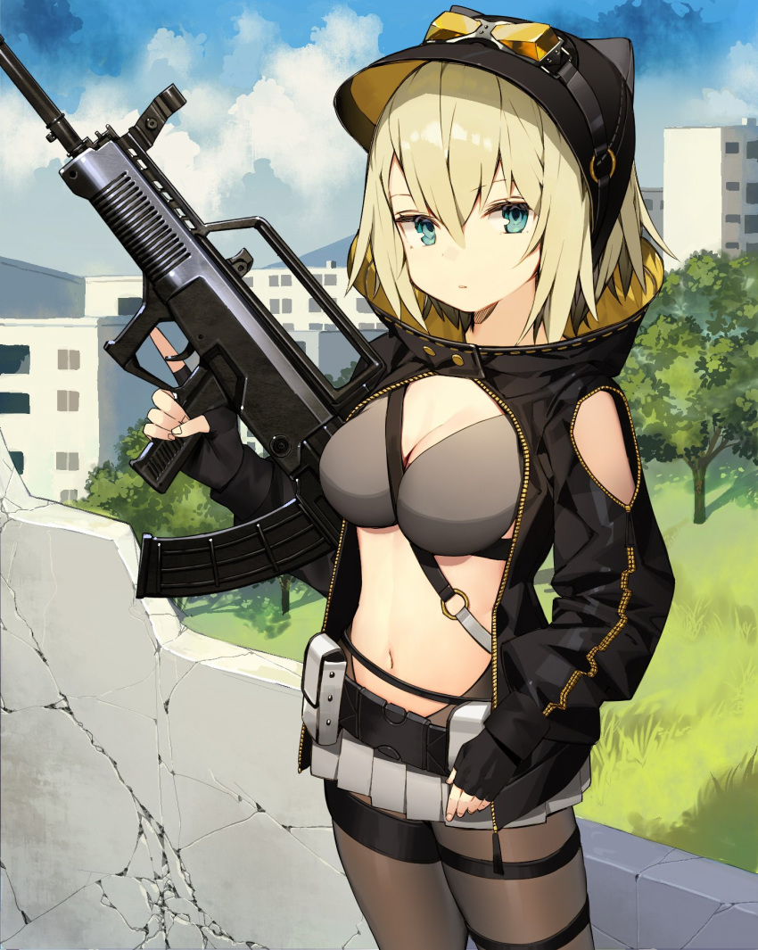 animal_ears animal_hat assault_rifle bangs belt between_breasts black_gloves black_hat black_jacket blonde_hair blue_eyes blue_sky blush breasts building cat_ears cat_hat cleavage cloud cloudy_sky cowboy_shot day eyebrows_visible_through_hair fingerless_gloves fingernails gloves gun hair_between_eyes hat highres holding holding_gun holding_weapon jacket large_breasts long_sleeves looking_at_viewer microskirt misoni_comi navel original outdoors pantyhose parted_lips pleated_skirt puffy_long_sleeves puffy_sleeves revealing_clothes rifle skirt sky solo standing strap_cleavage trigger_discipline weapon