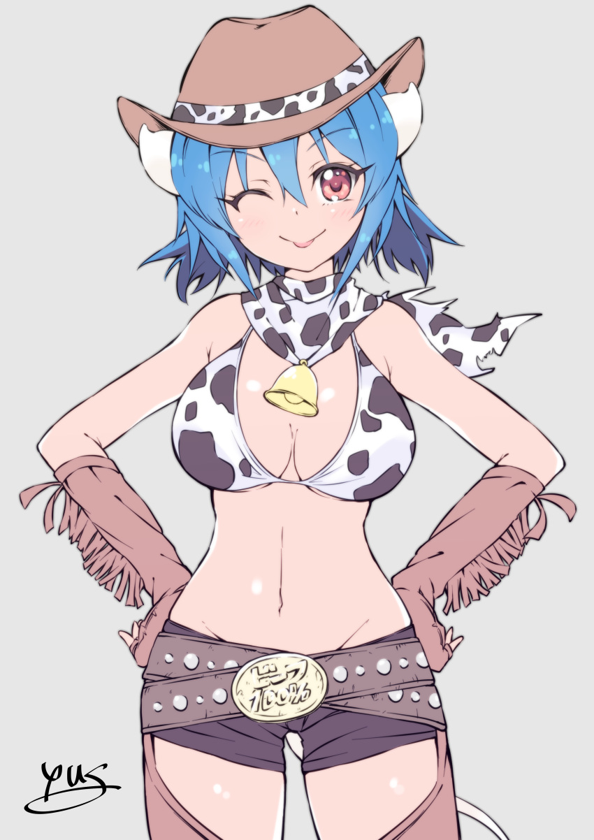 ;p absurdres animal_print bandana bare_shoulders bell belt black_shorts blush breasts brown_hat chaps cleavage closed_mouth commentary_request cow_bell cow_girl cow_horns cow_print cow_tail cowboy_hat crossed_belts eyebrows_visible_through_hair fringe_trim gloves groin hair_between_eyes hands_on_hips hat highres horns jashin-chan_dropkick looking_at_viewer loose_belt midriff minos_(jashin-chan_dropkick) multiple_belts navel one_eye_closed print_bandana print_bikini_top print_hat shirt short_shorts shorts signature simple_background smile solo standing stomach tail thigh_gap tongue tongue_out yyuki317