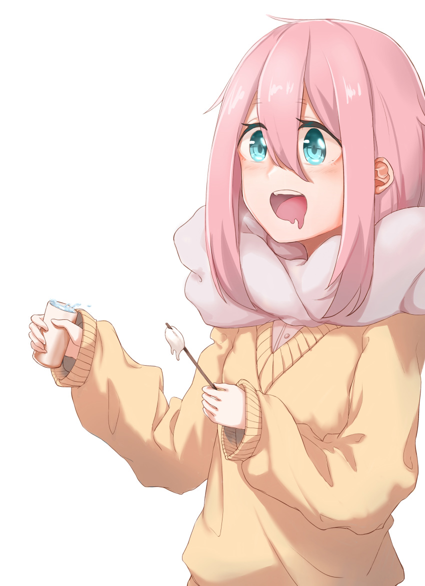 absurdres aqua_eyes blush chinese_commentary commentary_request drooling hands_up highres holding kagamihara_nadeshiko kato(kato) long_hair long_sleeves open_mouth pink_hair saliva scarf simple_background sleeves_past_wrists smile sweater v-neck white_background yellow_sweater yurucamp