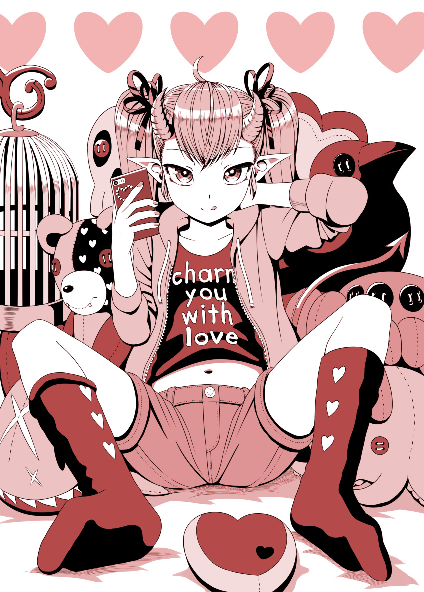 absurdres ahoge bangs bed_sheet birdcage cage cellphone closed_mouth clothes_writing collarbone commentary_request curled_horns demon_girl demon_horns demon_tail drawstring eyebrows_visible_through_hair fangs fangs_out fingernails hair_between_eyes hair_ribbon hand_behind_head hand_up heart highres holding holding_cellphone holding_phone hood hood_down hooded_jacket horns jacket kneehighs licking_lips long_sleeves looking_at_viewer monochrome navel no_shoes open_clothes open_jacket original phone pointy_ears ribbon sanbe_futoshi sepia shirt short_shorts shorts sitting smile soles solo spread_legs stuffed_animal stuffed_bird stuffed_octopus stuffed_toy succubus tail teddy_bear tongue tongue_out twintails white_background