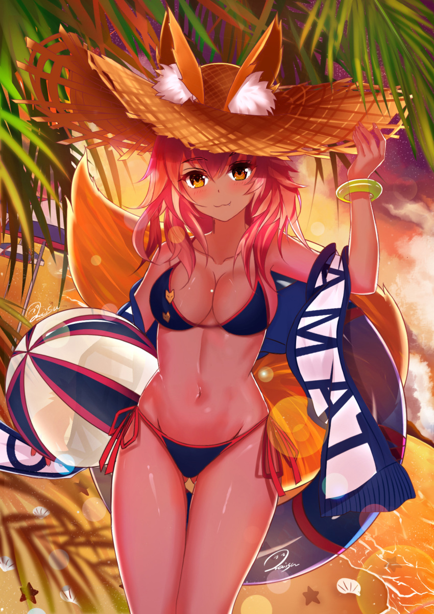 :3 animal_ear_fluff animal_ears balloon bikini blue_bikini blush breasts chinese_commentary collarbone commentary_request ears_through_headwear fang fate/grand_order fate_(series) fox_ears fox_girl fox_tail groin hat highres innertube large_breasts long_hair looking_at_viewer navel ocean outdoors palm_leaf palm_tree pink_hair side-tie_bikini solo straw_hat swimsuit tail tamamo_(fate)_(all) tamamo_no_mae_(swimsuit_lancer)_(fate) tree twilight xiao_dao_jun yellow_eyes