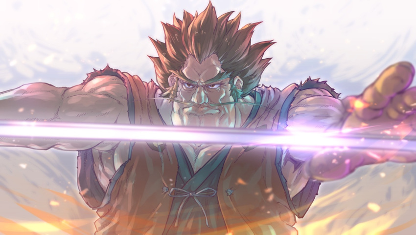 brown_eyes facial_hair japanese_clothes katana male_focus mashin_eiyuuden_wataru muscle mustache red_hair samurai sleeveless solo spiked_hair sword tamago_tomato tsurugibe_shibaraku weapon