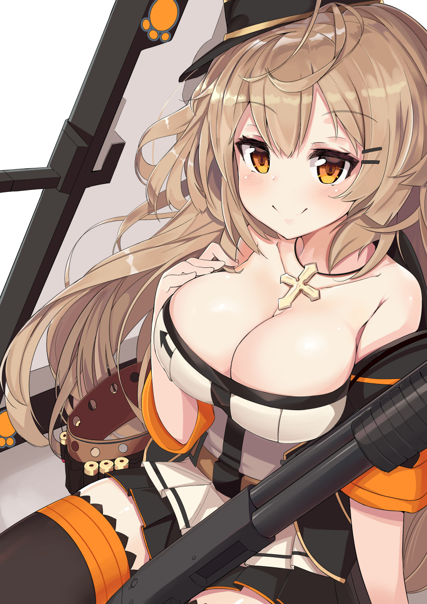 absurdres bangs bare_shoulders black_legwear black_skirt blush breasts brown_background brown_eyes cleavage closed_mouth collarbone commentary cross cross_necklace eyebrows_visible_through_hair fingernails girls_frontline gun hair_between_eyes hand_up highres ithaca_m37 ithaca_m37_(girls_frontline) jacket jewelry large_breasts light_brown_hair long_hair necklace object_namesake ohshit pleated_skirt short_sleeves shotgun shotgun_shells skirt smile solo thighhighs two-tone_background very_long_hair weapon white_background white_jacket wide_sleeves