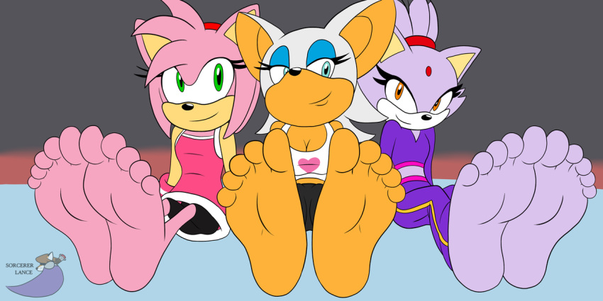 2016 5_toes amy_rose anthro barefoot blaze_the_cat breasts cat clothed clothing eyeshadow feet feline female foot_focus fur gloves green_eyes hair hairband hedgehog makeup mammal paladingalahad purple_fur rouge_the_bat smile soles sonic_(series) sorcererlance toes video_games yellow_eyes
