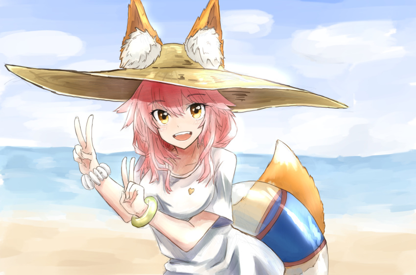 animal_ear_fluff animal_ears bracelet breasts collarbone day double_v ears_through_headwear fate/grand_order fate_(series) fox_ears fox_tail hat highres innertube jewelry large_breasts ocean open_mouth outdoors pink_hair riku_hamano shirt straw_hat tail tamamo_(fate)_(all) tamamo_no_mae_(swimsuit_lancer)_(fate) v white_shirt yellow_eyes