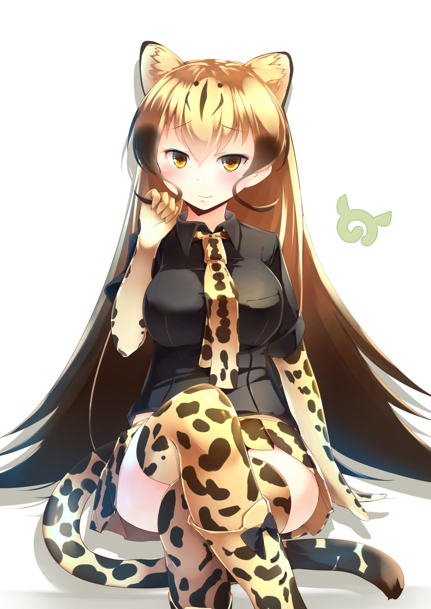 absurdres black_bow black_shirt blonde_hair boots bow bow_footwear breasts brown_hair cheetah_ears cheetah_print cheetah_tail collared_shirt commentary crossed_legs elbow_gloves extra_ears gloves gradient_hair hand_up highres japari_symbol kanzakietc kemono_friends king_cheetah_(kemono_friends) knee_boots long_hair looking_at_viewer medium_breasts multicolored_hair necktie orange_eyes print_footwear print_gloves print_legwear print_neckwear shirt short_sleeves simple_background sitting smile solo thighhighs very_long_hair white_background