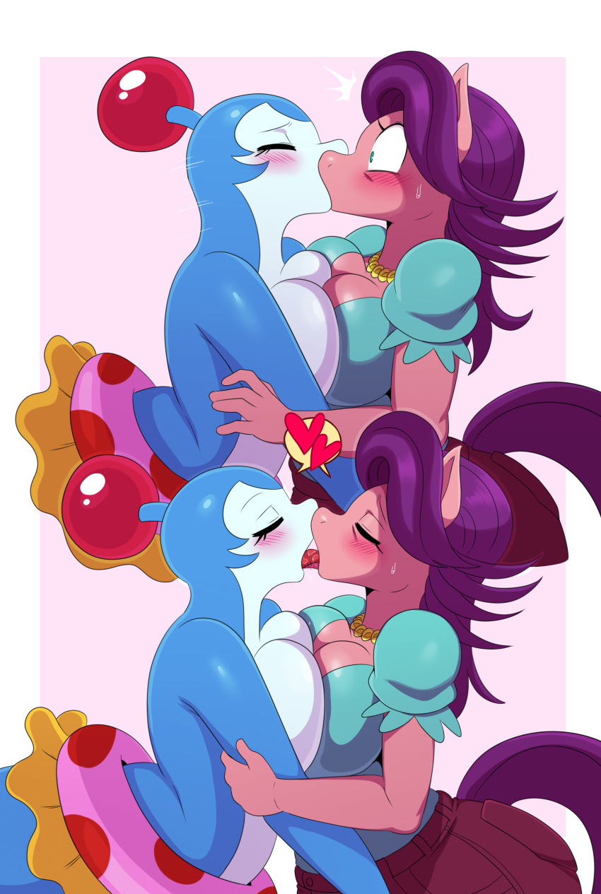 &lt;3 2018 anthro anthrofied big_breasts blue_eyes blush bomberman bomberman_jetters breast_squish breasts breasts_frottage cetacean cleavage clothed clothing crossover dolphin dolphin_bomber earth_pony equine eyes_closed female female/female french_kissing friendship_is_magic hair horse jewelry kissing mammal marine my_little_pony necklace pants pony purple_hair saliva saliva_string shirt simple_background spoiled_rich_(mlp) sssonic2 sweat sweatdrop tongue tongue_out white_background wide_eyed