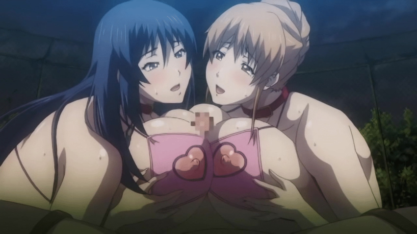 2girls animated animated_gif areolae black_eyes black_hair blonde_hair blush breast_grab breast_press breasts brown_eyes brown_hair censored clothes collar erect_nipples grabbing happy_sex heart heart_cutout huge_breasts kyonyuu_hitozuma_onna_kyoushi_saimin large_breasts leash long_hair multiple_girls multiple_paizuri night nippleless_clothes nipples nude open_mouth paizuri penis puffy_nipples sex shirakawa_miwa slave sweat symmetrical_docking t-rex_(animation_studio) teamwork tsukishima_kyoko yellow_eyes