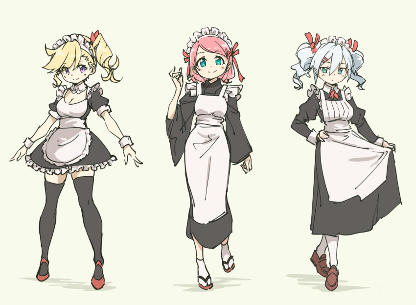 apron black_dress black_kimono black_legwear blonde_hair breasts brown_footwear cleavage closed_mouth commentary dress drill_hair english_commentary eyebrows_visible_through_hair green_eyes grey_hair hair_ribbon hand_on_hip hand_up japanese_clothes jitome juliet_sleeves kimono loafers long_sleeves maid maid_headdress medium_breasts multiple_girls one_side_up original pantyhose pas_(paxiti) pink_hair puffy_sleeves purple_eyes red_footwear red_ribbon ribbon sandals shoes short_sleeves skirt_hold smile standing standing_on_one_leg tabi thighhighs twintails wa_maid waist_apron white_apron white_legwear wide_sleeves wrist_cuffs zettai_ryouiki