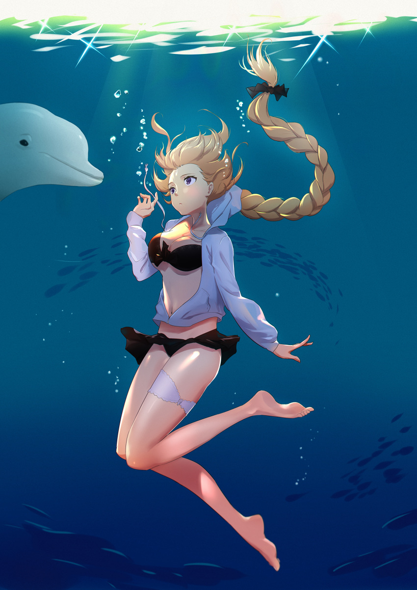 absurdres barefoot bikini bikini_skirt black_bikini black_bow blonde_hair bow braid breasts bubble cleavage collarbone dolphin fate/grand_order fate_(series) fish floating_hair freediving full_body grey_jacket hair_bow highres hood hooded_jacket jacket jeanne_d'arc_(fate)_(all) jeanne_d'arc_(swimsuit_archer) long_hair medium_breasts open_clothes open_jacket partially_unzipped purple_eyes shiny shiny_skin single_braid solo swimsuit thigh_strap umumu underwater very_long_hair