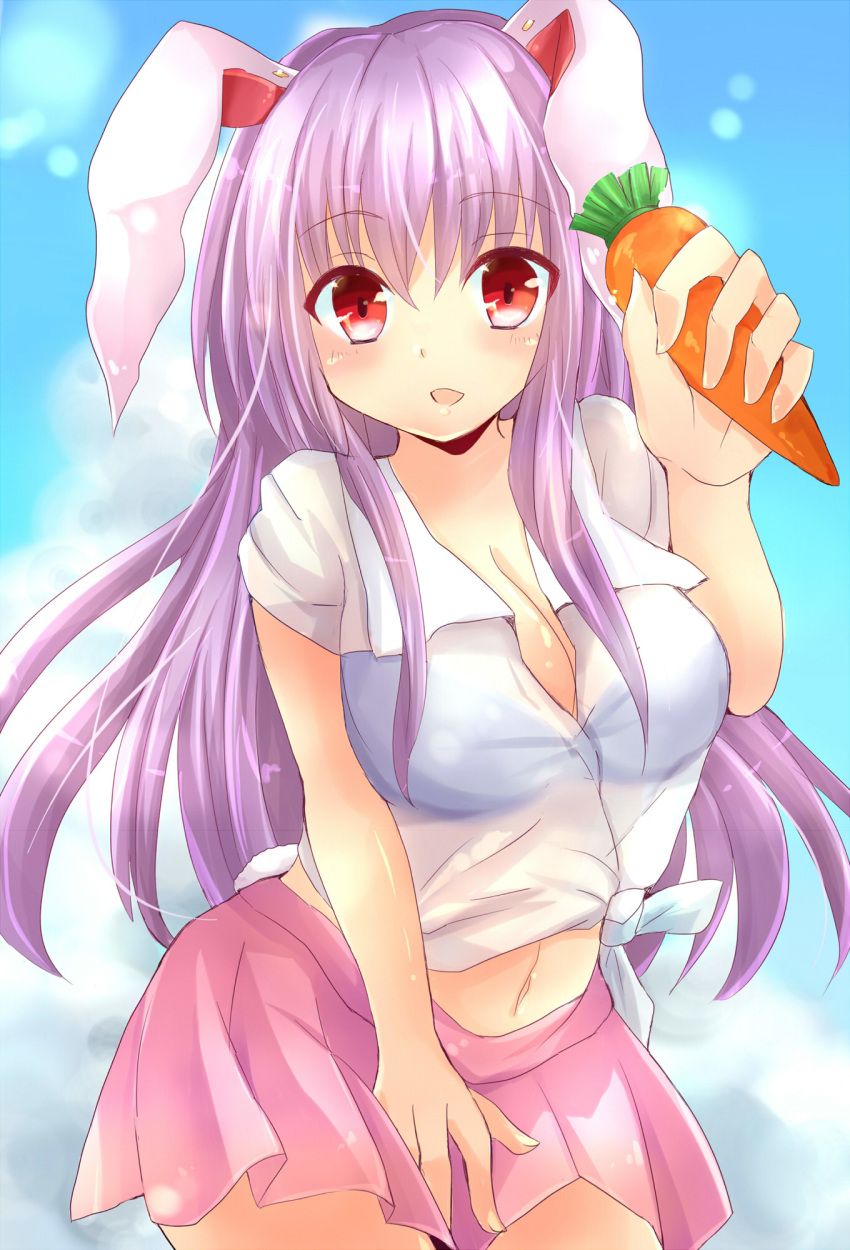 animal_ears blouse blue_bra blush bra breasts bunny_ears carrot cleavage commentary_request day highres large_breasts lavender_hair long_hair looking_at_viewer midriff navel ncatabc open_mouth outdoors pleated_skirt red_eyes reisen_udongein_inaba see-through shirt short_sleeves skirt solo touhou underwear very_long_hair white_blouse