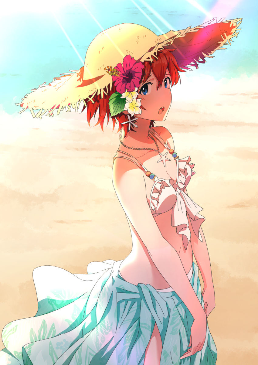beach blue_eyes blue_sky breasts cleavage collarbone day floral_print flower frilled_bikini_top hair_flower hair_ornament hat hibiscus highres idolmaster idolmaster_million_live! idolmaster_million_live!_theater_days jewelry jirion julia_(idolmaster) looking_at_viewer navel necklace open_mouth outdoors red_flower red_hair sarong short_hair sideboob sky small_breasts solo standing straw_hat sun_hat sunlight white_bikini_top white_flower yellow_hat