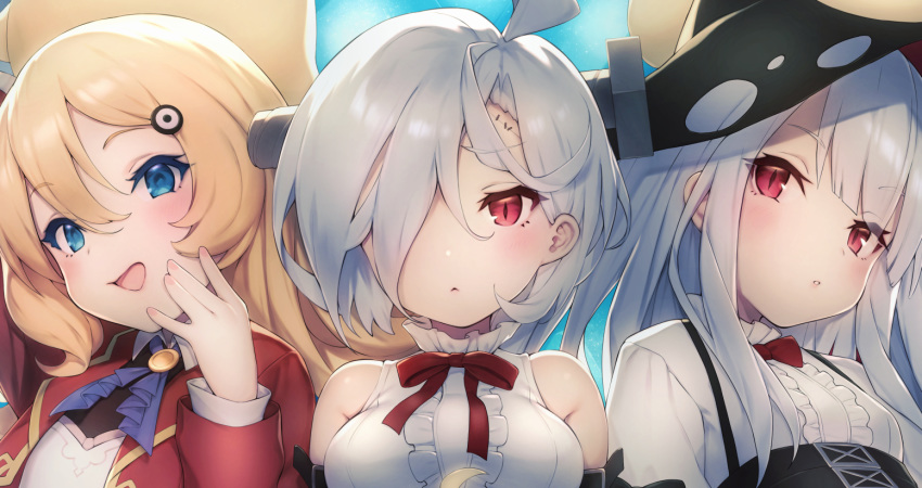 abercrombie_(azur_lane) ahoge azur_lane bangs bare_shoulders blonde_hair blue_eyes blush bolt breasts closed_mouth erebus_(azur_lane) eyebrows_visible_through_hair flat_chest frills hair_ornament hair_over_one_eye hairclip hood large_breasts long_hair looking_at_viewer multiple_girls open_mouth parted_lips pokachu red_eyes shirt short_hair silver_hair sleeveless sleeveless_shirt slit_pupils small_breasts smile stitches terror_(azur_lane) white_shirt