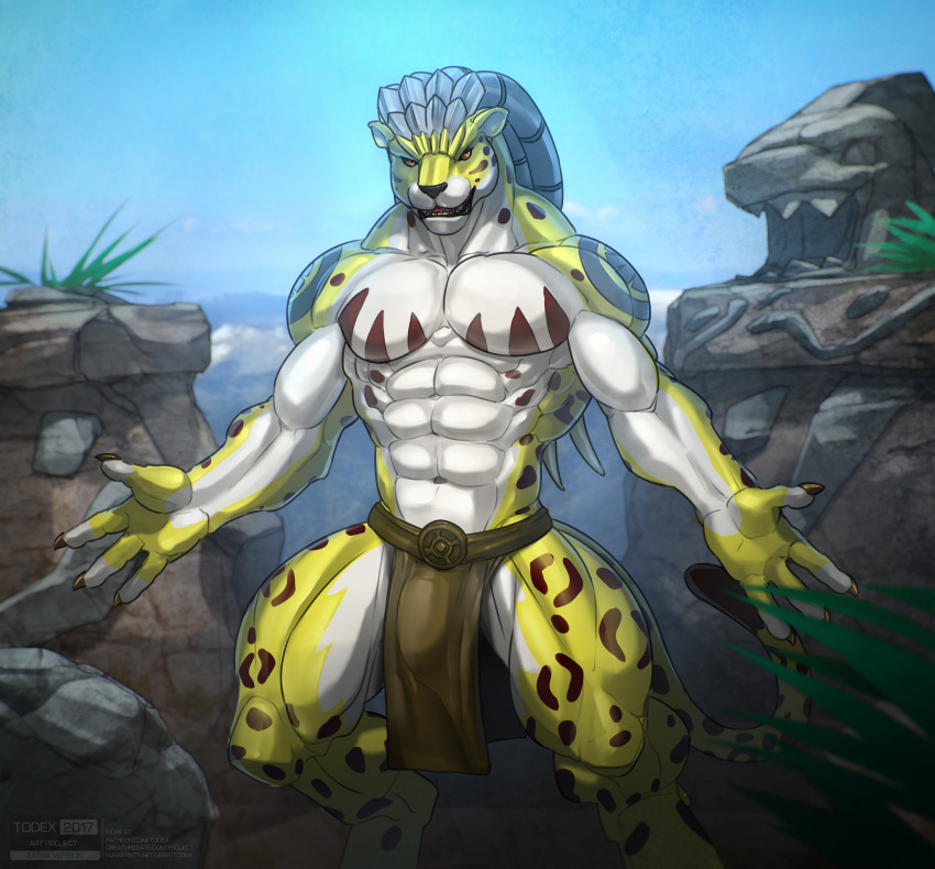 2017 abs anthro anthrofied aztec bulge claws clothing dreadlocks fangs feline grass inviting invizimals jaguar loincloth male mammal markings mountain muscular muscular_male ocelotl pecs rock sky solo temple todex