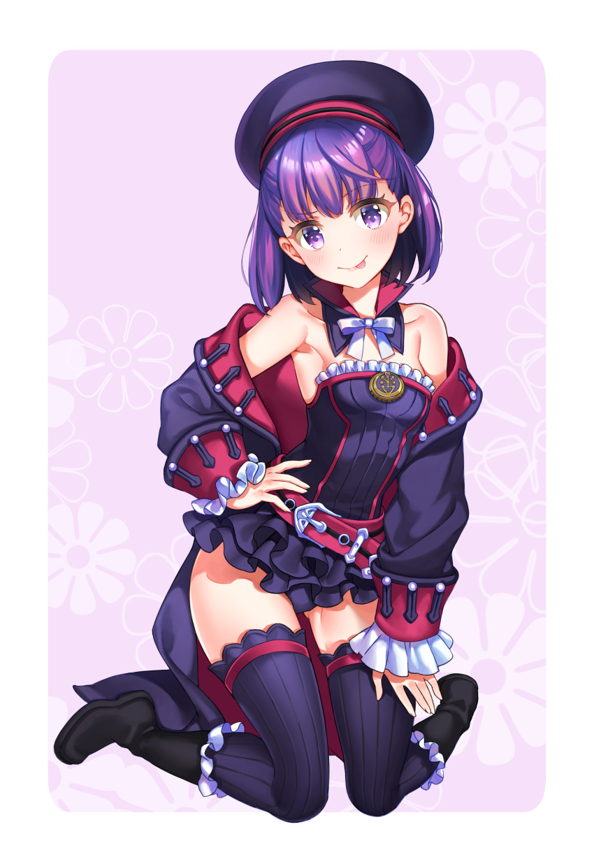 :p absurdres bangs belt belt_buckle beret black_footwear blush boots bow breasts buckle closed_mouth collarbone commentary_request dress eyebrows_visible_through_hair fate/grand_order fate_(series) fingernails hair_between_eyes hand_on_hip hat head_tilt helena_blavatsky_(fate/grand_order) highres jacket kneeling long_sleeves off_shoulder puffy_long_sleeves puffy_sleeves purple_dress purple_eyes purple_hair purple_hat purple_jacket purple_legwear red_belt ribbed_legwear shiosoda sleeves_past_wrists small_breasts smile solo strapless strapless_dress thighhighs tongue tongue_out tree_of_life white_bow