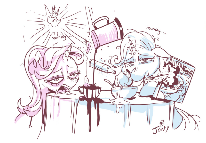 2018 beverage coffee cup duo eating english_text equine female feral friendship_is_magic horn jowybean mammal my_little_pony princess_celestia_(mlp) simple_background sitting starlight_glimmer_(mlp) table text trixie_(mlp) unicorn white_background