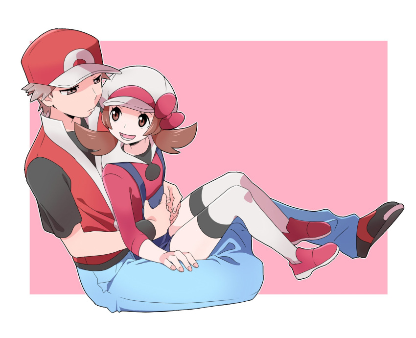 1girl bangs baseball_cap brown_eyes brown_hair commentary_request denim hand_on_hip hat hat_ribbon highres jeans knees kotone_(pokemon) overalls pants pokemon pokemon_(game) pokemon_frlg pokemon_hgss pumpkinpan red_(pokemon) ribbon shirt shoes simple_background sitting sitting_on_lap sitting_on_person sneakers thighhighs torso_grab