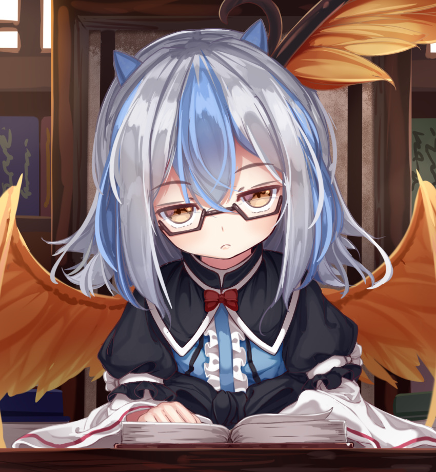 blue_hair book brown_eyes commentary glasses grey_hair highres horns indoors juliet_sleeves long_sleeves looking_at_viewer multicolored_hair namatyaba open_book puffy_sleeves reading solo tokiko_(touhou) touhou two-tone_hair wings