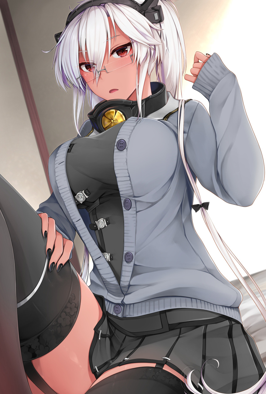 absurdres black_bow black_legwear black_nails blush bow breasts buttons cardigan collar commentary dark_skin day eyebrows_visible_through_hair garter_straps glasses grey_jacket grey_skirt hair_between_eyes hair_bow hand_on_own_thigh hand_up headgear highres indoors jacket kantai_collection knee_up large_breasts long_hair musashi_(kantai_collection) nail_polish open_mouth partially_unbuttoned pleated_skirt pointy_hair red_eyes remodel_(kantai_collection) sakuramon semi-rimless_eyewear silver-framed_eyewear silver_hair skirt sleeves_past_wrists smile solo thighhighs thighs twintails two_side_up yunamaro
