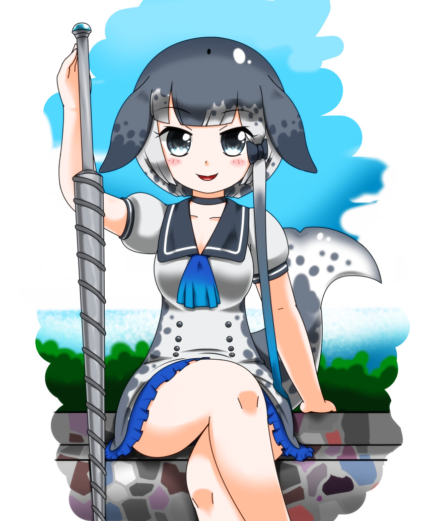absurdres bangs black_neckwear blue_sky blunt_bangs bow choker crossed_legs day drillhorn_sword eyebrows_visible_through_hair fish_tail hair_bow head_fins highres holding holding_weapon horizon hoyeechun kemono_friends long_hair looking_at_viewer narwhal_(kemono_friends) ocean open_mouth outdoors sailor_collar short_sleeves sitting sitting_on_wall sky smile solo tail very_long_hair weapon