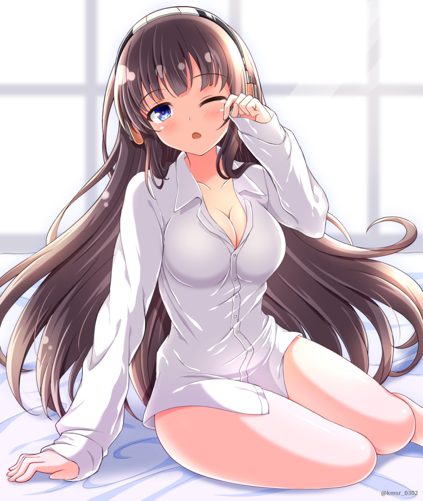arm_support azur_lane bangs bed blue_eyes blush breasts brown_hair buttons cleavage collarbone collared_shirt commentary_request day dress_shirt eyebrows_visible_through_hair head_tilt headphones highres indoors kamishiro_(rsg10679) large_breasts long_hair long_island_(azur_lane) long_sleeves looking_at_viewer morning naked_shirt no_pants one_eye_closed open_mouth rubbing_eyes shirt sidelocks sitting sleeves_past_wrists solo thighs twitter_username waking_up window yokozuwari