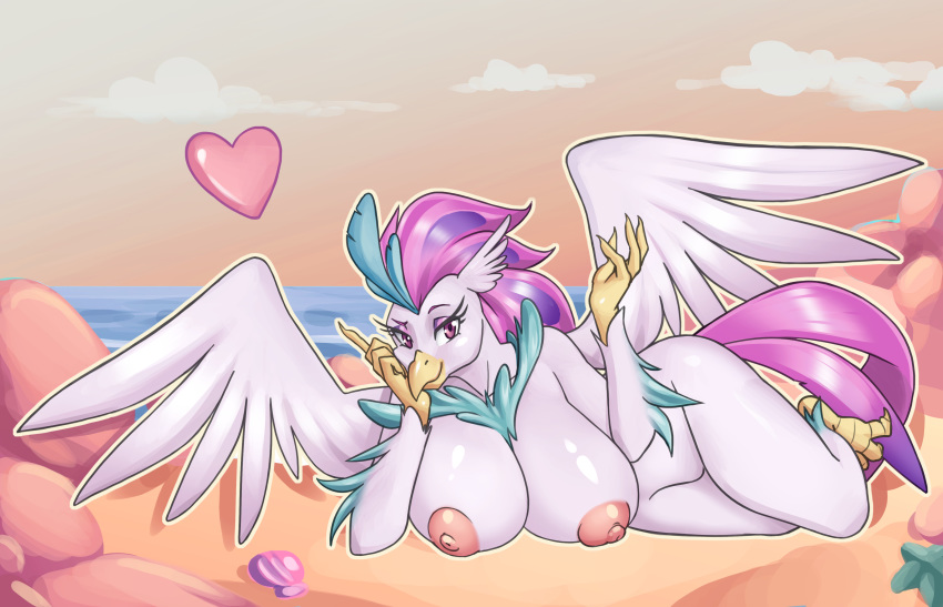 &lt;3 2018 absurd_res anthro avian beak big_breasts breast_rest breasts cloud eyelashes feathered_wings feathers female hi_res hippogryph huge_breasts looking_at_viewer my_little_pony my_little_pony_the_movie nauth nipples outside queen_novo_(mlp) solo wings