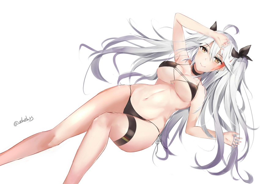 absurdres anchor_symbol antenna_hair arm_up armpits azur_lane bangs bare_legs bikini black_bikini blush breasts brown_eyes commentary eyebrows_visible_through_hair flag_print german_flag_bikini groin hair_between_eyes hand_in_hair hand_on_own_head hand_up highres iron_cross large_breasts long_hair looking_at_viewer mole mole_on_breast multicolored_hair navel prinz_eugen_(azur_lane) red_hair ribbon sidelocks silver_hair simple_background smile solo stomach streaked_hair swimsuit thigh_strap twitter_username two_side_up underboob very_long_hair white_background zhzhrs