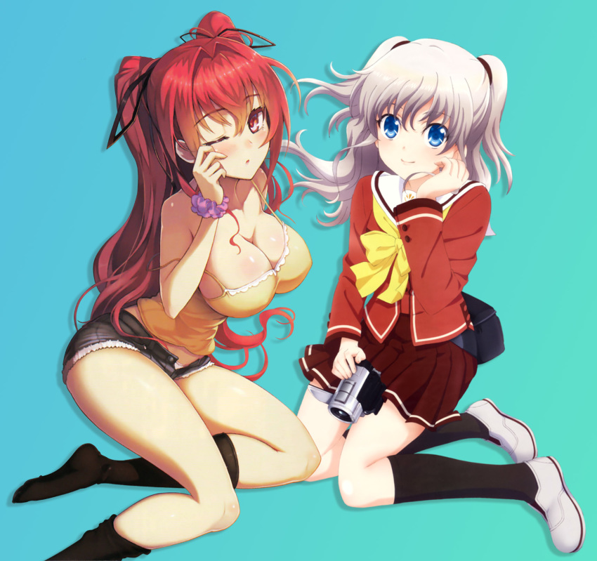 2girls ;o aqua_background artist_request bare_legs blue_eyes breasts c: camera charlotte_(anime) cleavage closed_mouth crossover female hair_intakes hand_on_cheek hand_on_own_cheek hand_on_own_face kneeling large_breasts legs long_hair looking_at_viewer multiple_girls naruse_mio one_eye_closed open_mouth red_eyes red_hair school_uniform shinmai_maou_no_testament silver_hair simple_background tomori_nao two_side_up wince