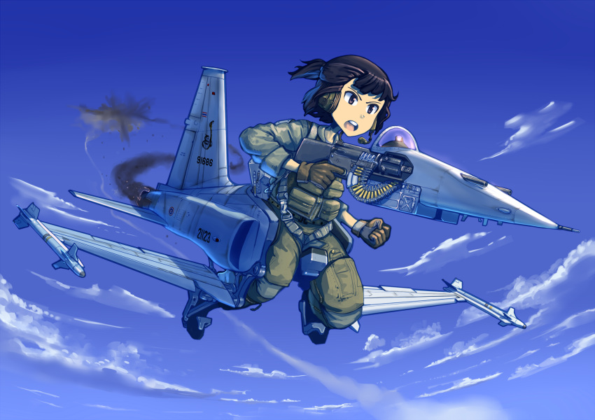 aircraft airplane blue_sky boots brown_eyes brown_gloves brown_hair cloud commentary english_commentary erica_(naze1940) fighter_jet finger_on_trigger flying gloves green_pants green_vest gun headphones highres holding holding_gun holding_weapon jet long_sleeves mecha_musume microphone military military_uniform military_vehicle open_mouth original outdoors pants round_teeth sky solo teeth uniform vest weapon