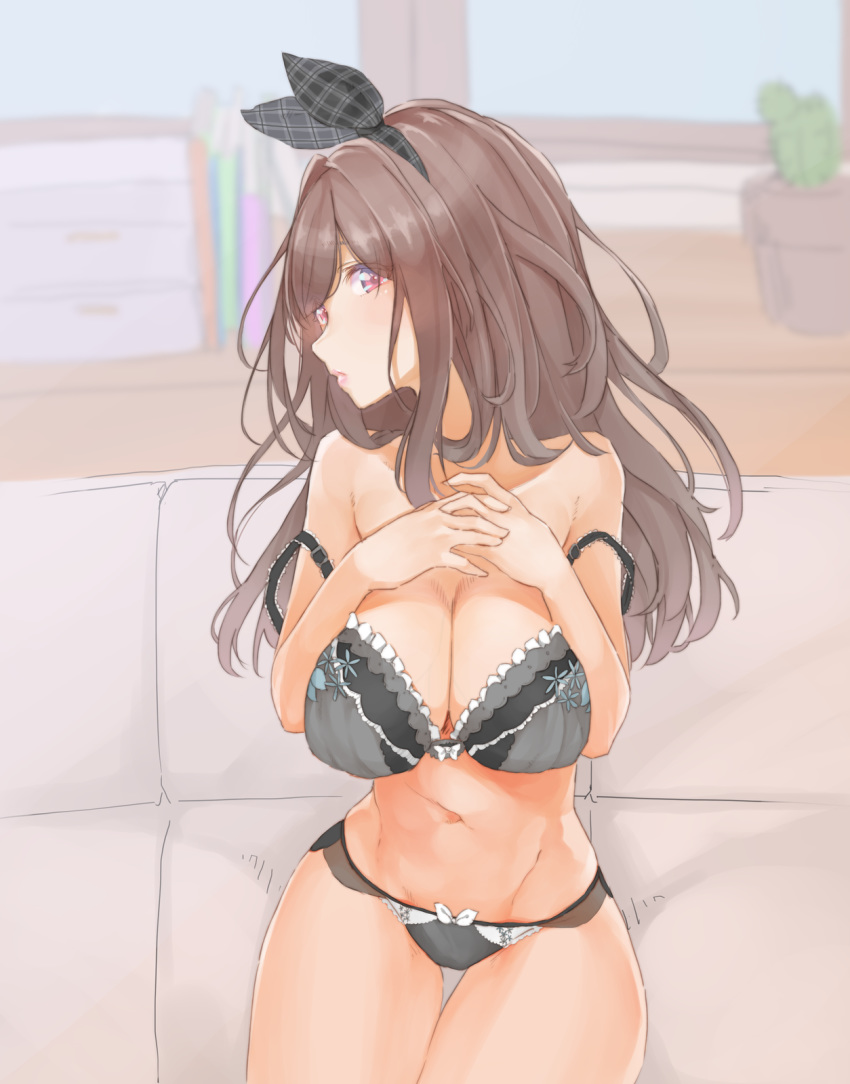 bangs bare_shoulders black_bow black_bra black_panties blush bow bra breasts brown_hair cactus cleavage collarbone commentary_request couch frilled_bra frills hair_bow hands_on_own_chest highres idolmaster idolmaster_shiny_colors indoors large_breasts long_hair looking_at_viewer navel panties pekoni_(peconi) pink_eyes ponytail ribbon sitting solo strap_slip thighs tsukioka_kogane underwear window