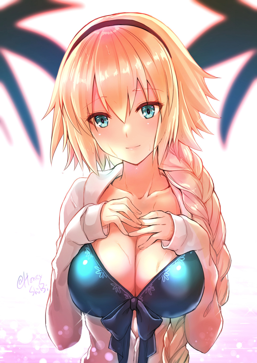 bangs bikini black_hairband blue_bikini blue_eyes blue_jacket braid breasts collarbone comiket_95 commentary_request eyebrows_visible_through_hair facing_viewer fate/grand_order fate_(series) front-tie_bikini front-tie_top hair_between_eyes hairband hands_on_own_face highres hood hooded_jacket hoodie jacket jeanne_d'arc_(fate)_(all) jeanne_d'arc_(swimsuit_archer) large_breasts long_braid long_hair looking_at_viewer open_clothes open_hoodie open_jacket ponytail shibi single_braid smile swimsuit very_long_hair water water_drop wet