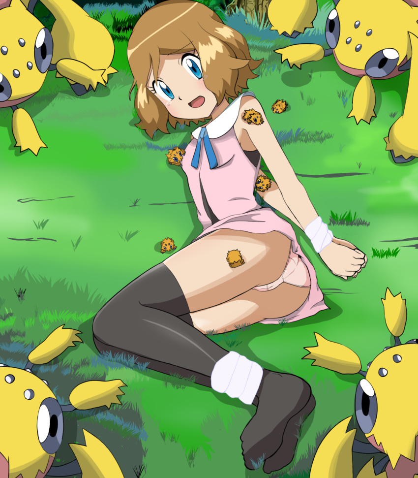 ass bare_shoulders bdsm blue_eyes blush bondage bound breast_sucking breasts bug dress galvantula grass hgm_(cjh4563) highres joltik light_brown_hair md5_mismatch on_grass open_mouth outdoors panties pink_panties pokemon pokemon_(anime) pokemon_xy_(anime) restrained serena_(pokemon) short_hair size_difference skirt skirt_lift sleeveless sleeveless_dress small_breasts spider tears thighhighs underwear you_gonna_get_raped