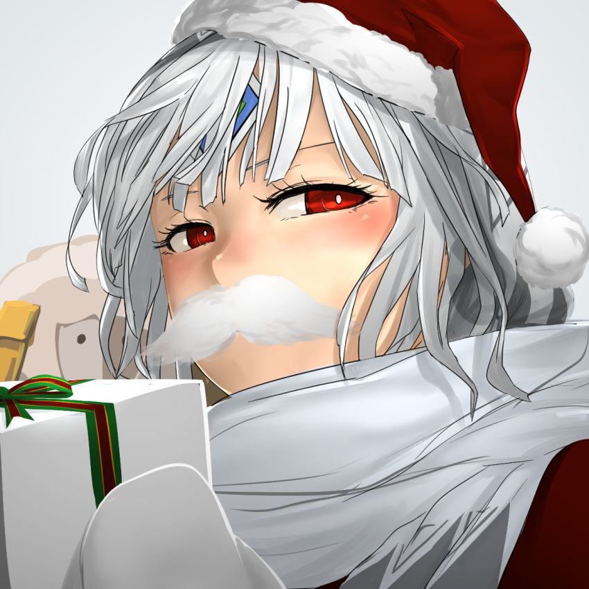 altera_(fate) alternate_costume bangs blunt_bangs blush closed_mouth dark_skin fake_facial_hair fake_mustache fate/grand_order fate_(series) gift gloves hat highres holding holding_gift i-pan looking_at_viewer red_eyes santa_hat scarf sheep short_hair simple_background smile solo tan white_gloves white_hair